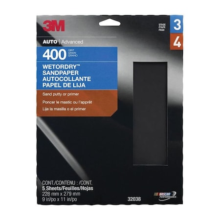 3M 3M Wetordry Sandpaper, 32038, 400 Grit, 9 inch x 11 inch, 5PK 7010328058